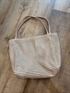 SHEIN Beige and White Woven Tote Bag